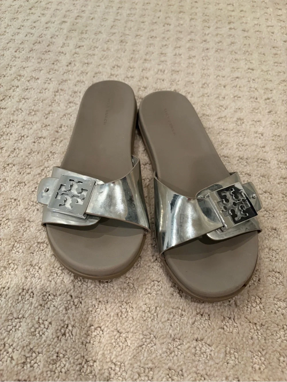 Tory Burch Metallic Silver Logo Buckle Slide Sandals